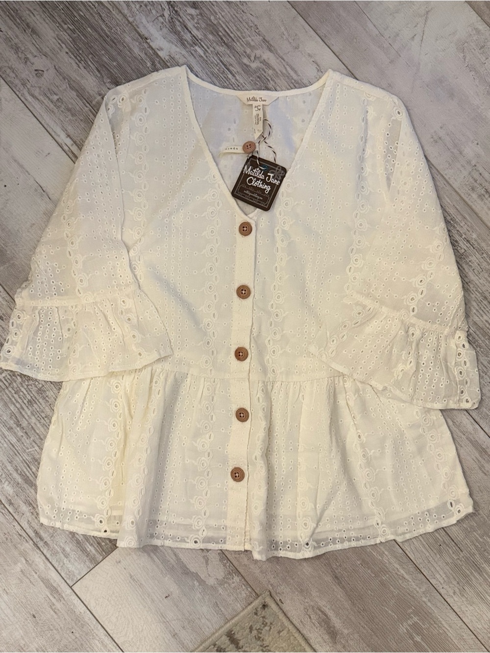 Matilda Jane Cream Eyelet Button-Front Peplum Blouse